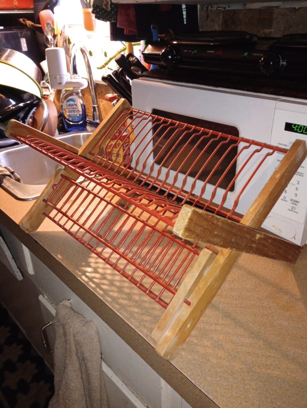 Vintage Wood and Red Wire Dish Drying Rack